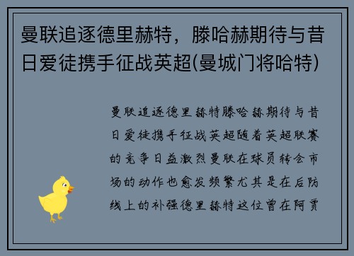 曼联追逐德里赫特，滕哈赫期待与昔日爱徒携手征战英超(曼城门将哈特)